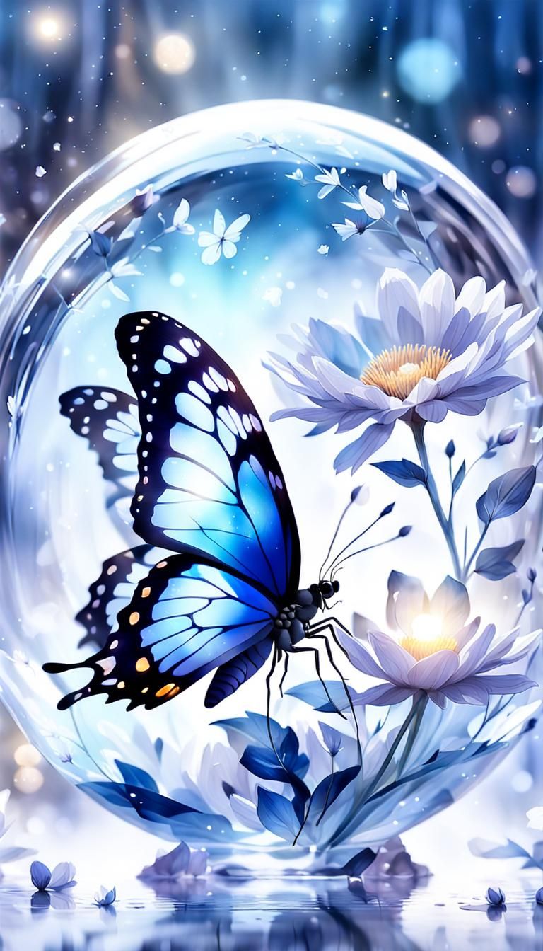 Blue Butterfly on Flower in Dreamy Moonlit Scene