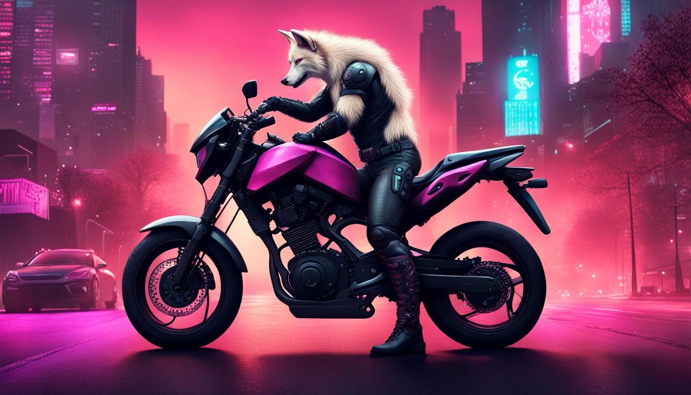 Anthro Wolf Ready for Night Ride in Cyberpunk City