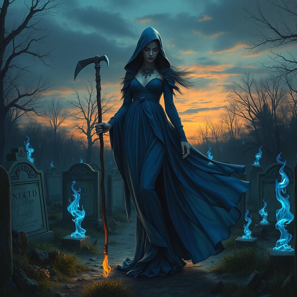 Ethereal Woman with Sickle in Graveyard at Dusk