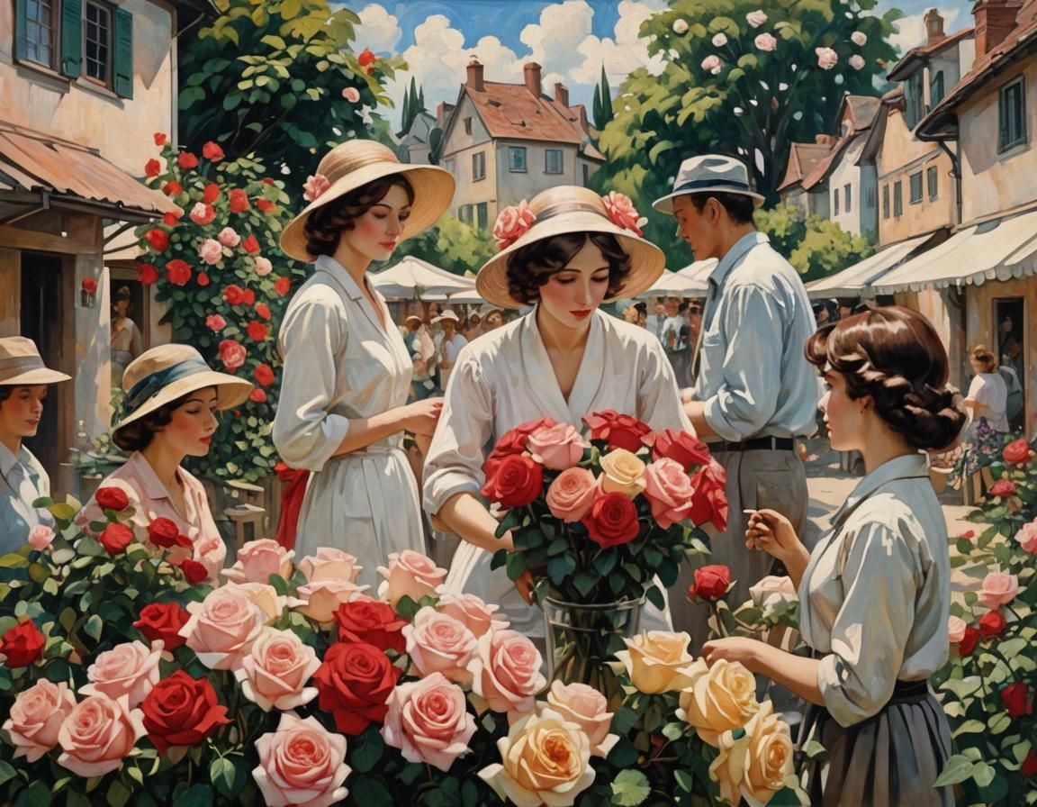 Quaint Village Rose Festival: Art Deco Impasto Painting