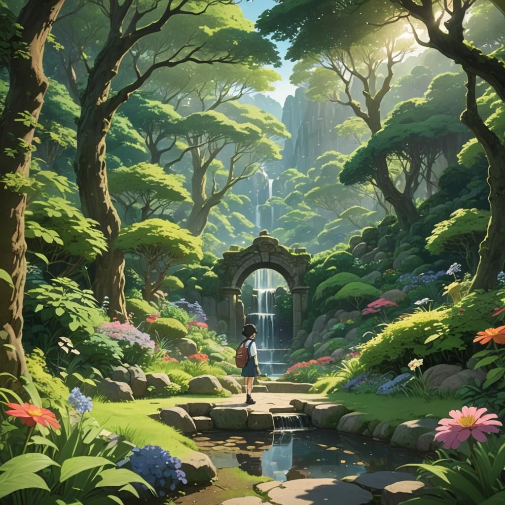 Anime Character Finds Secret Garden in Ghibli Style