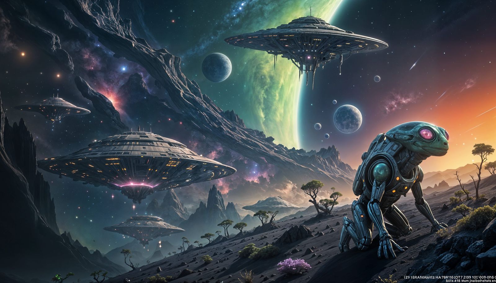 Alien Gazing Up at Biomechanical Spaceship in Cosmic Nebula