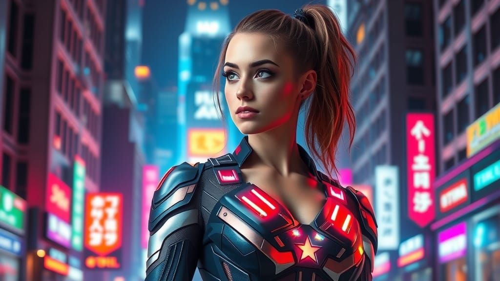 Cyberpunk Captain America Woman in Neon Cityscape