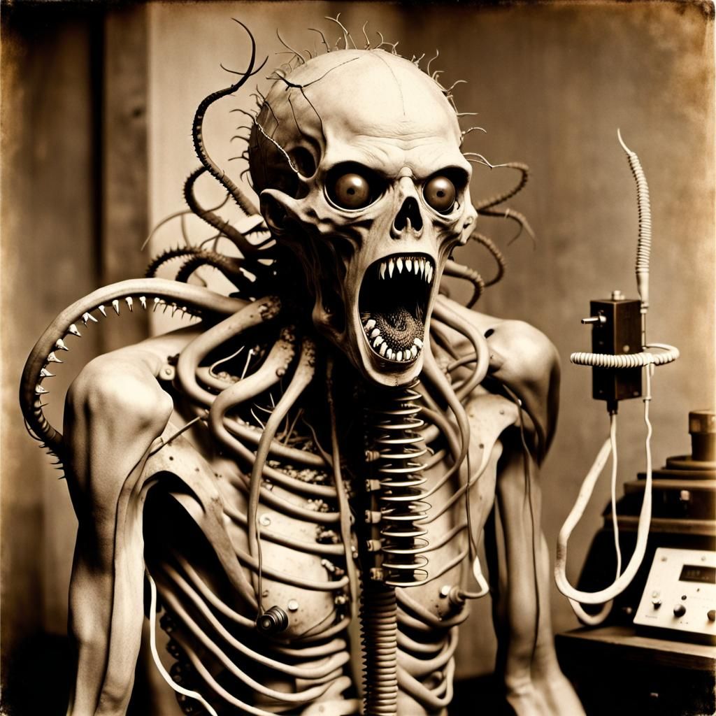 Repulsive Undead Chimera Screaming in Grimy Lab