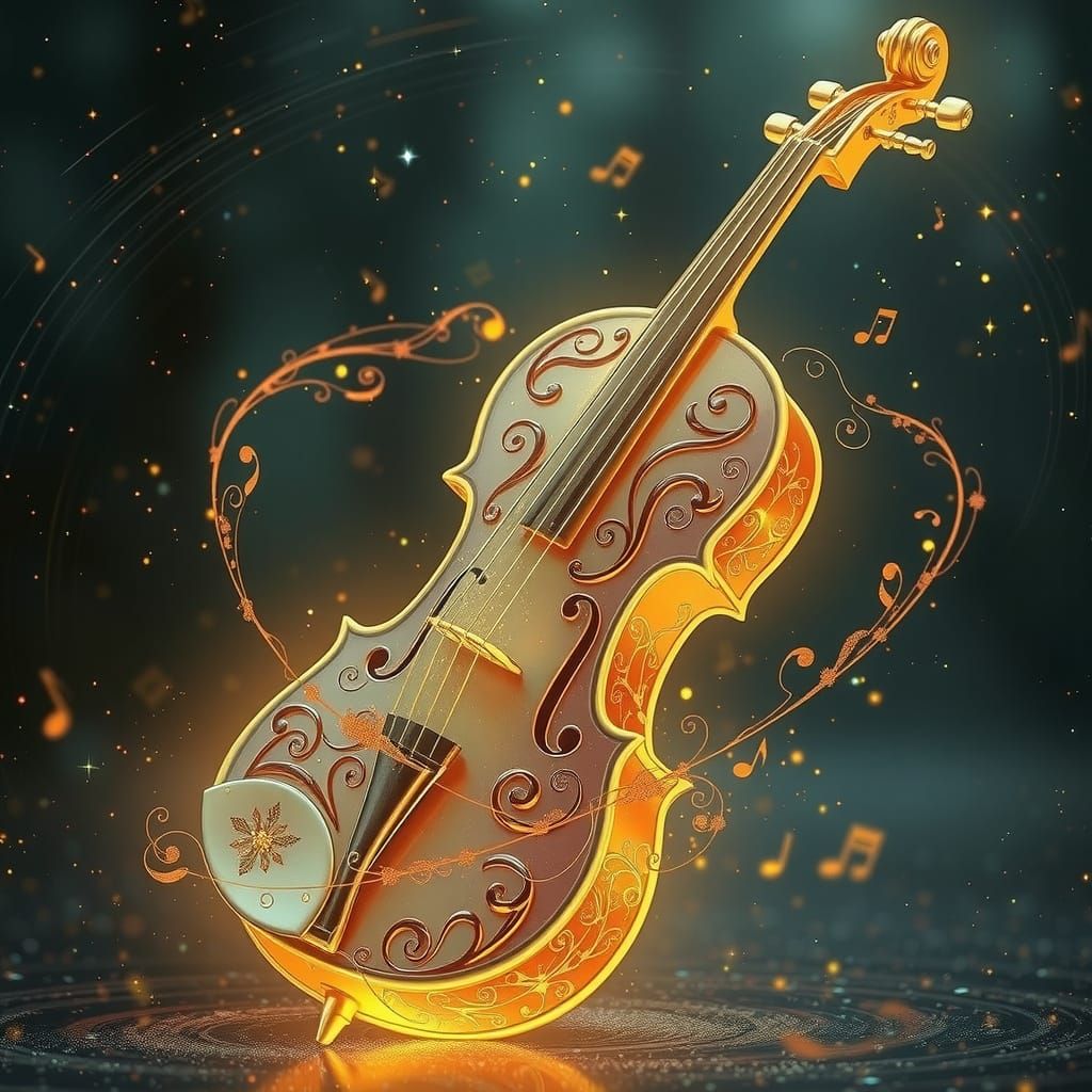 Serenely Radiant Violin in Celestial Vortex with Musical Not...