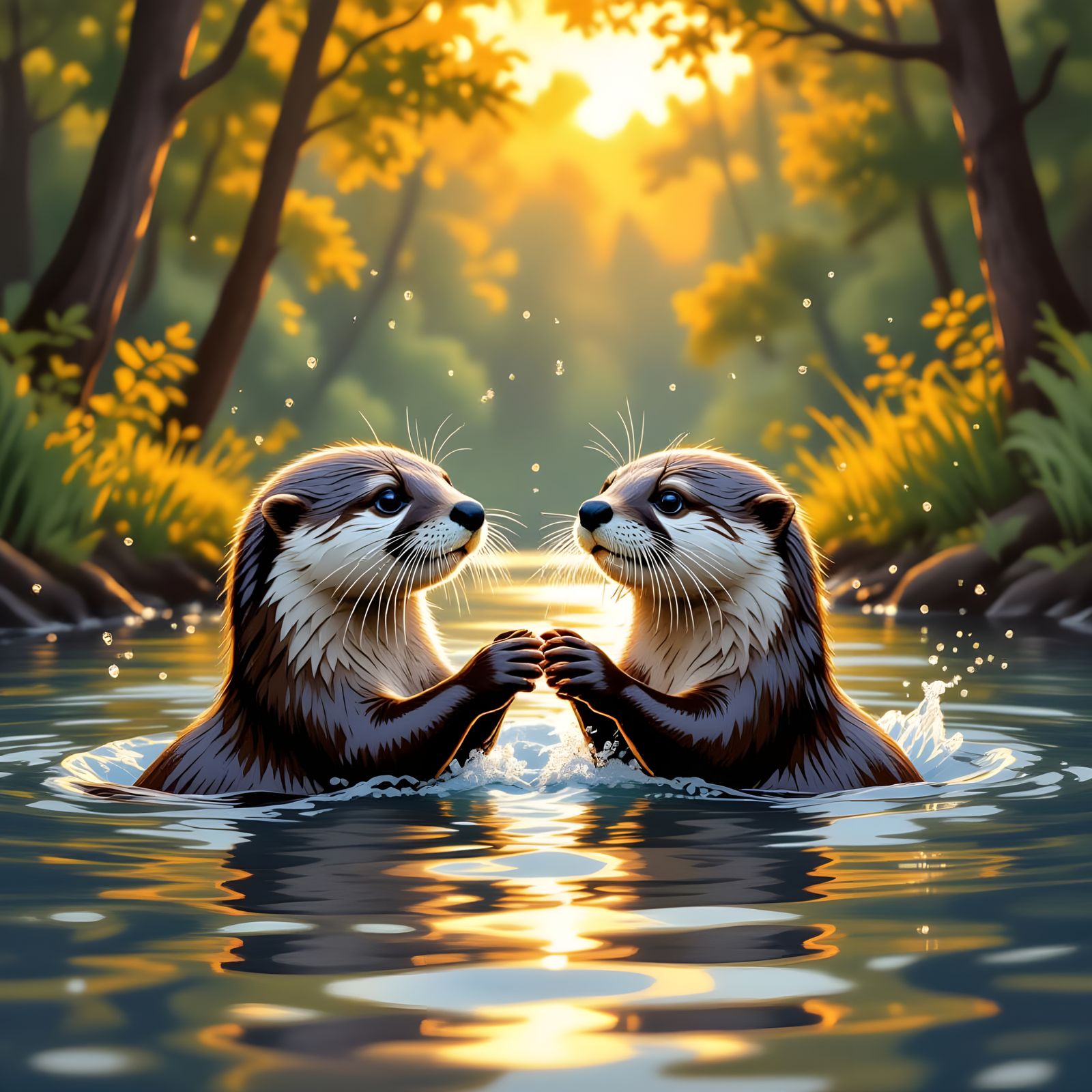 Cute River Otters Playing in Lush Woods
