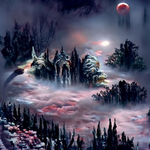 Ethereal Blood Moon Forest in Surreal Style