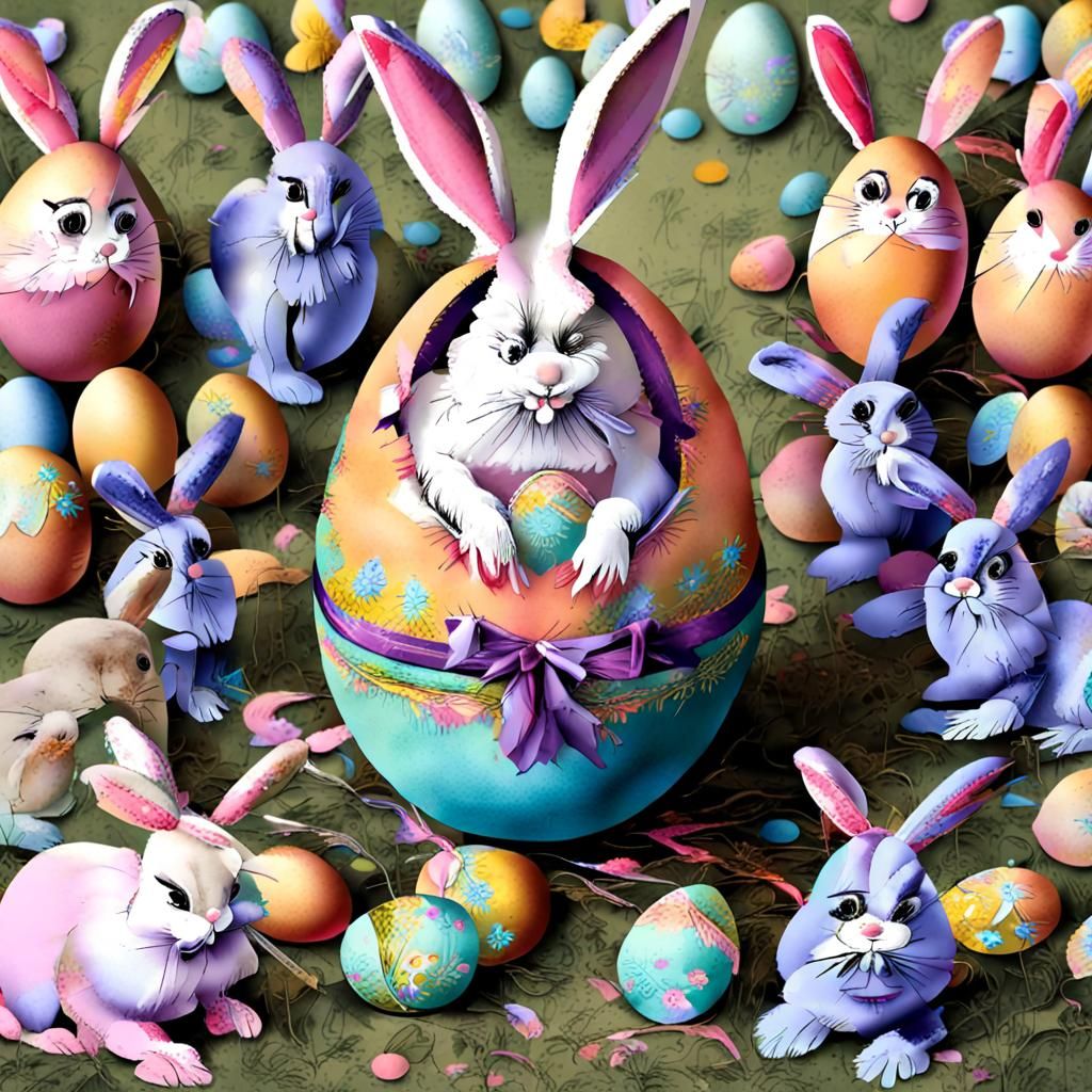 Humorous Easter Cat Pulling Decorated Egg in Garden