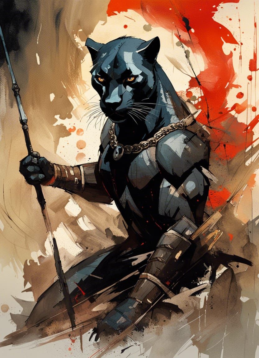 Bagheera as Warrior Panther in Gouache Painting Style