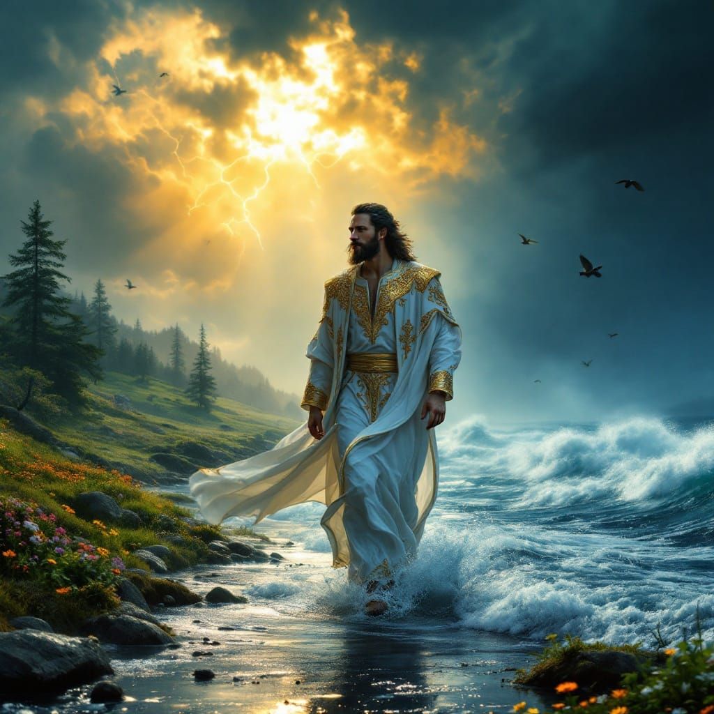 Man Walks on Turbulent Ocean in Swedish Landscape