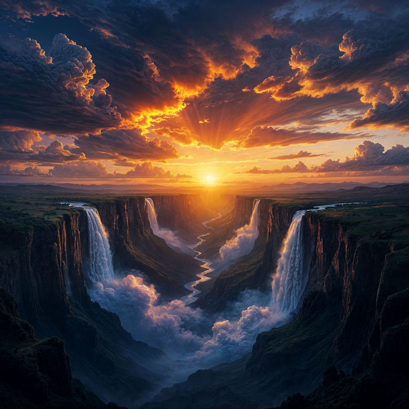 Fiery Sunset Waterfall in Deep Valley Digital Painting