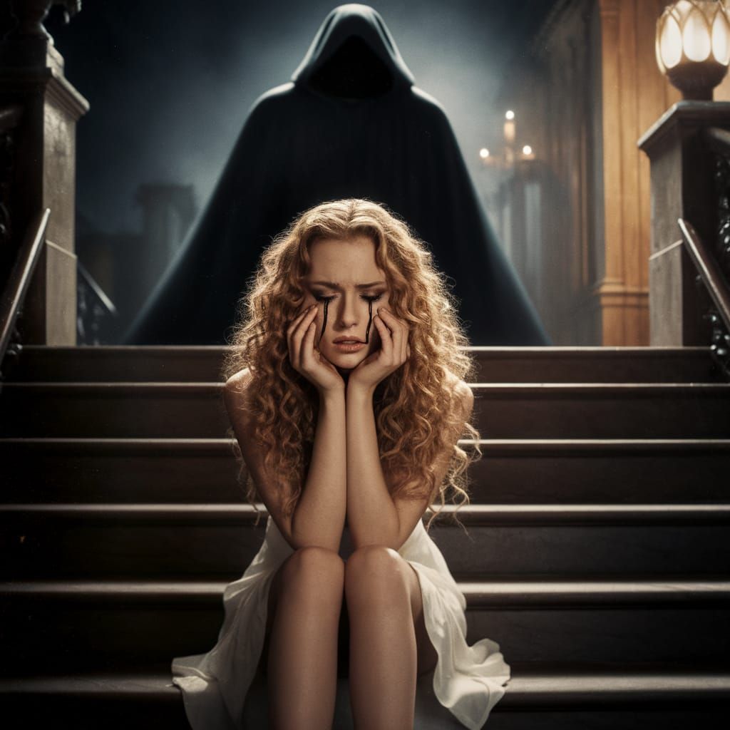 A Lonely Woman in Elegant Despair on a Grand Staircase
