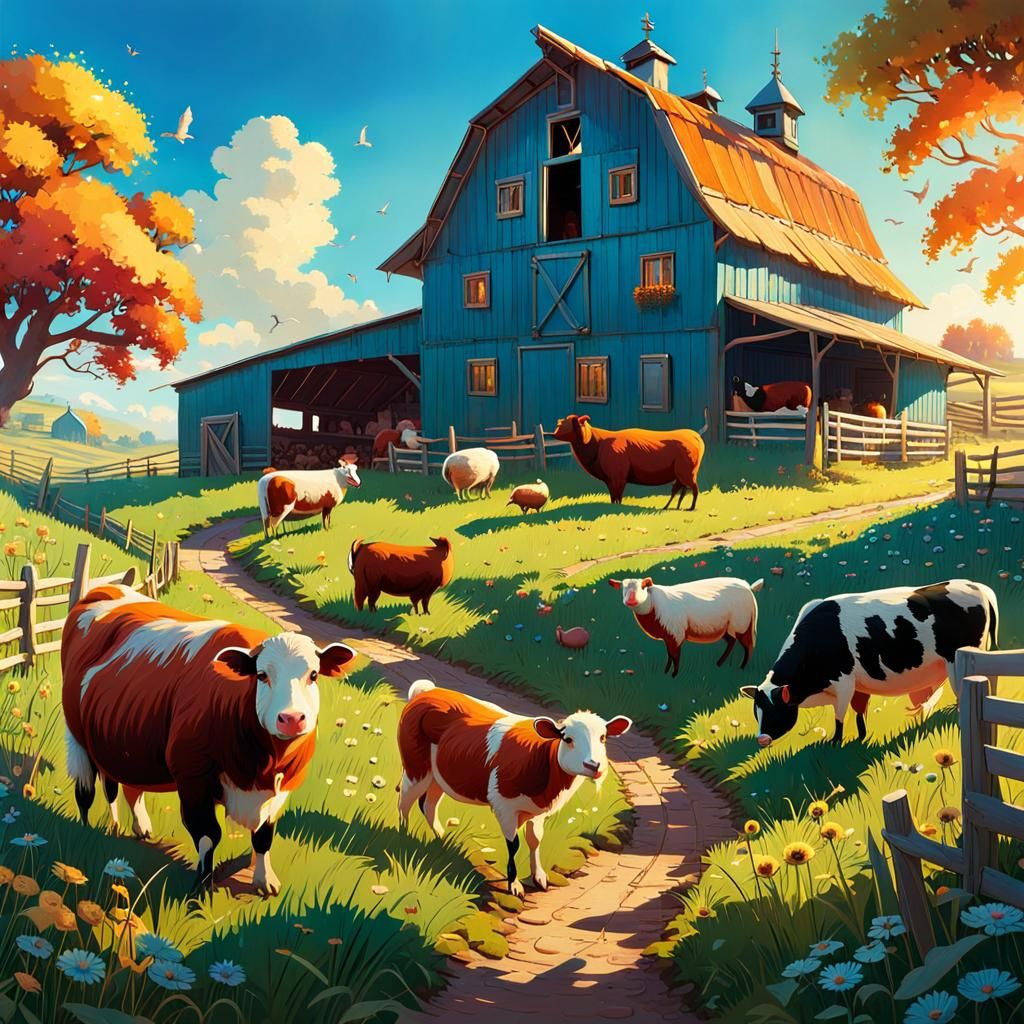 rural farm, farm animals, farm landscape