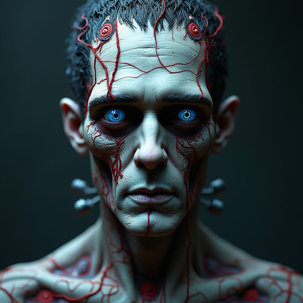 Three-Eyed Steampunk Stitched Man in Gothic Horror Style