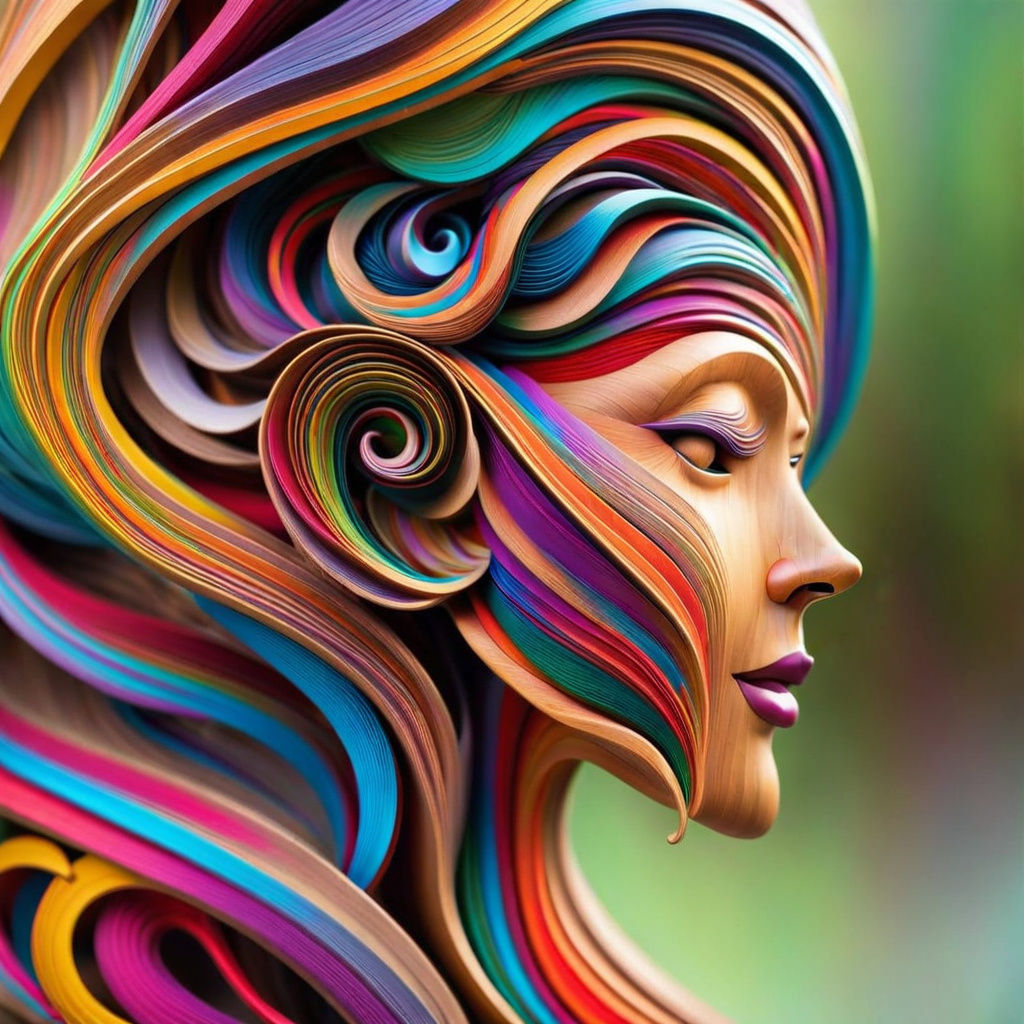 Surreal Wooden Sculpture of a Slender Woman in Vibrant Loops