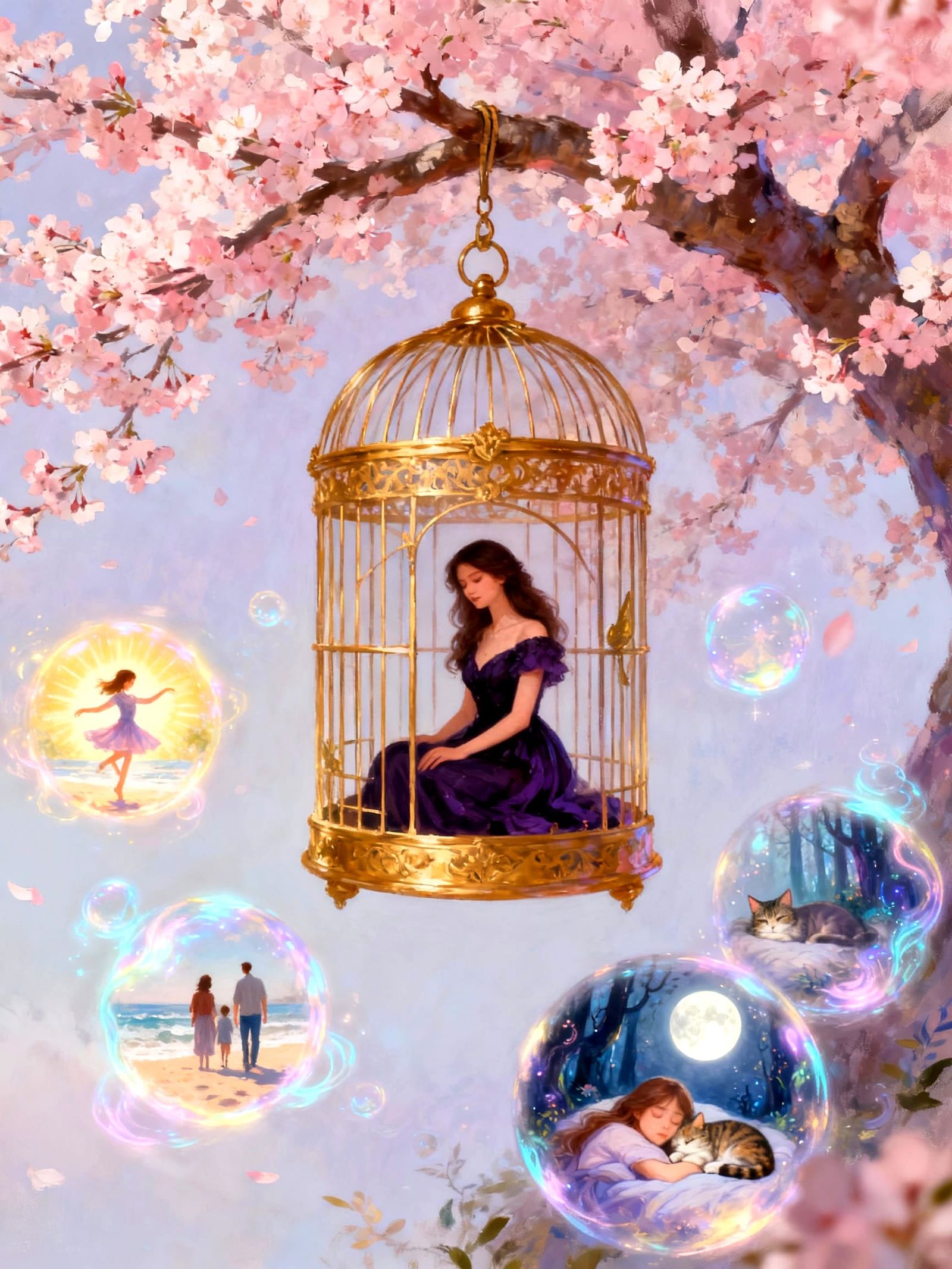 Golden Birdcage with Woman and Memory Orbs