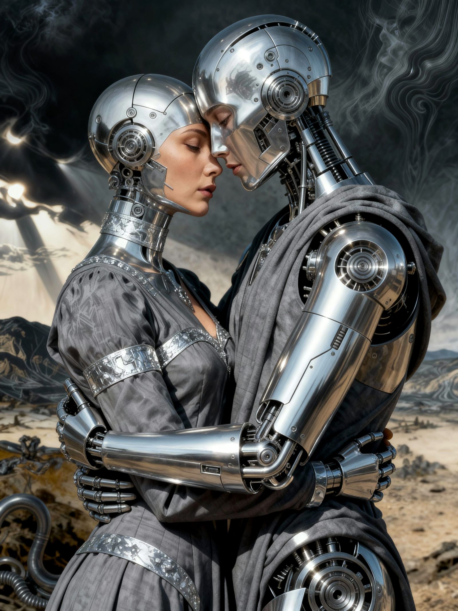Silver Android Couple Embrace in Surrealist Style