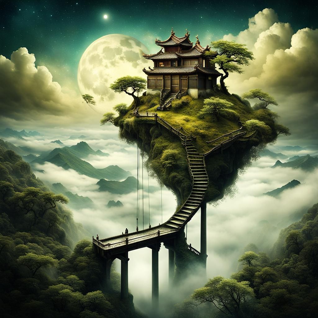Surreal Bonsai Village in Clouds: An Escher-Inspired Landsca...