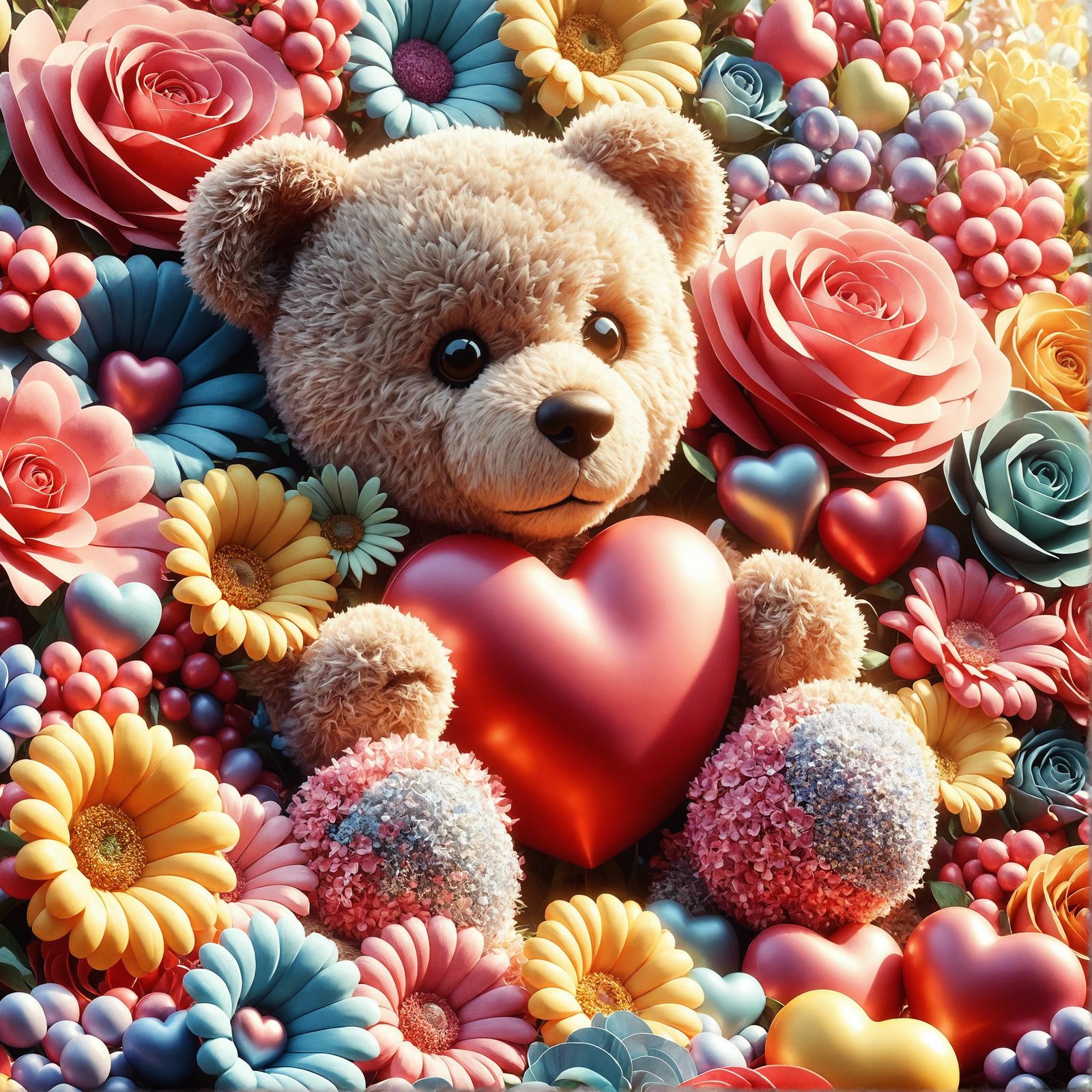 Endearing Teddy Bear with Hearts and Flowers in 3D