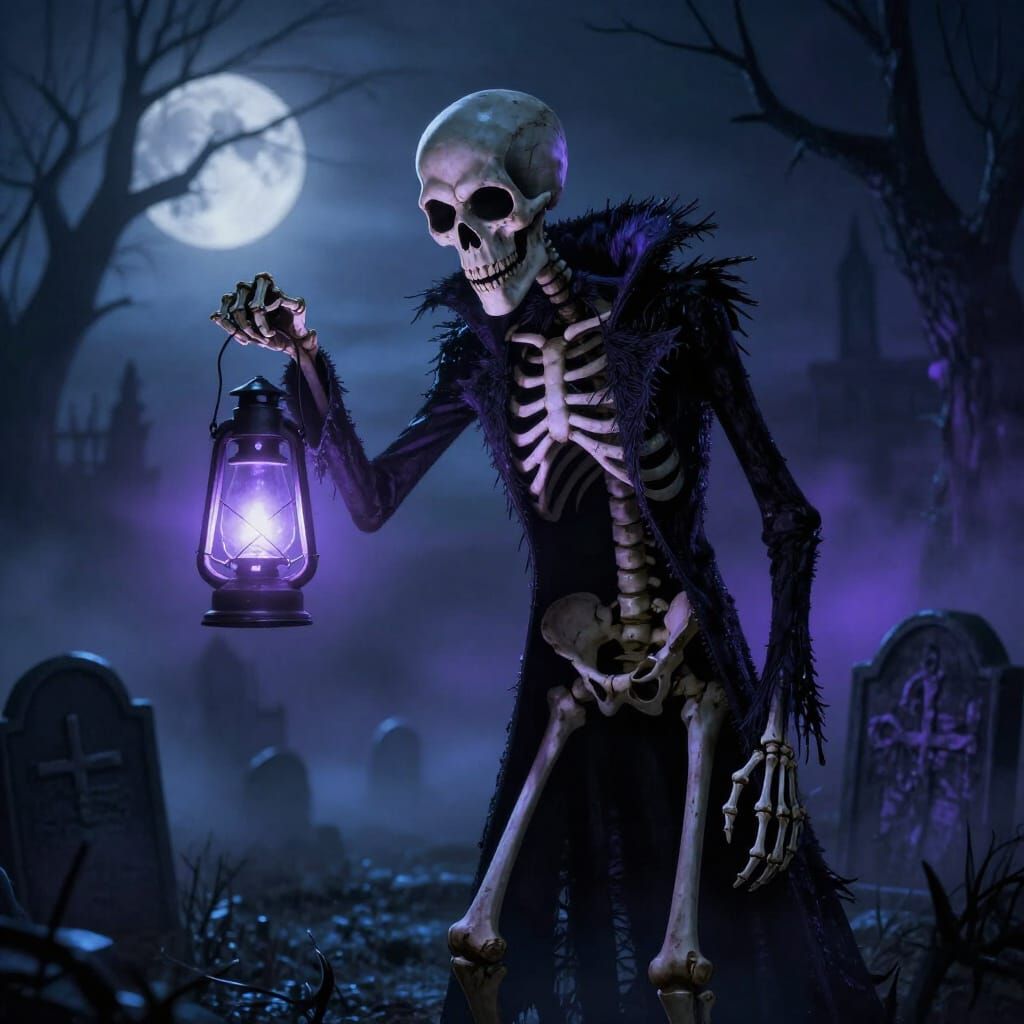 Gothic Skeleton in Moonlit Graveyard