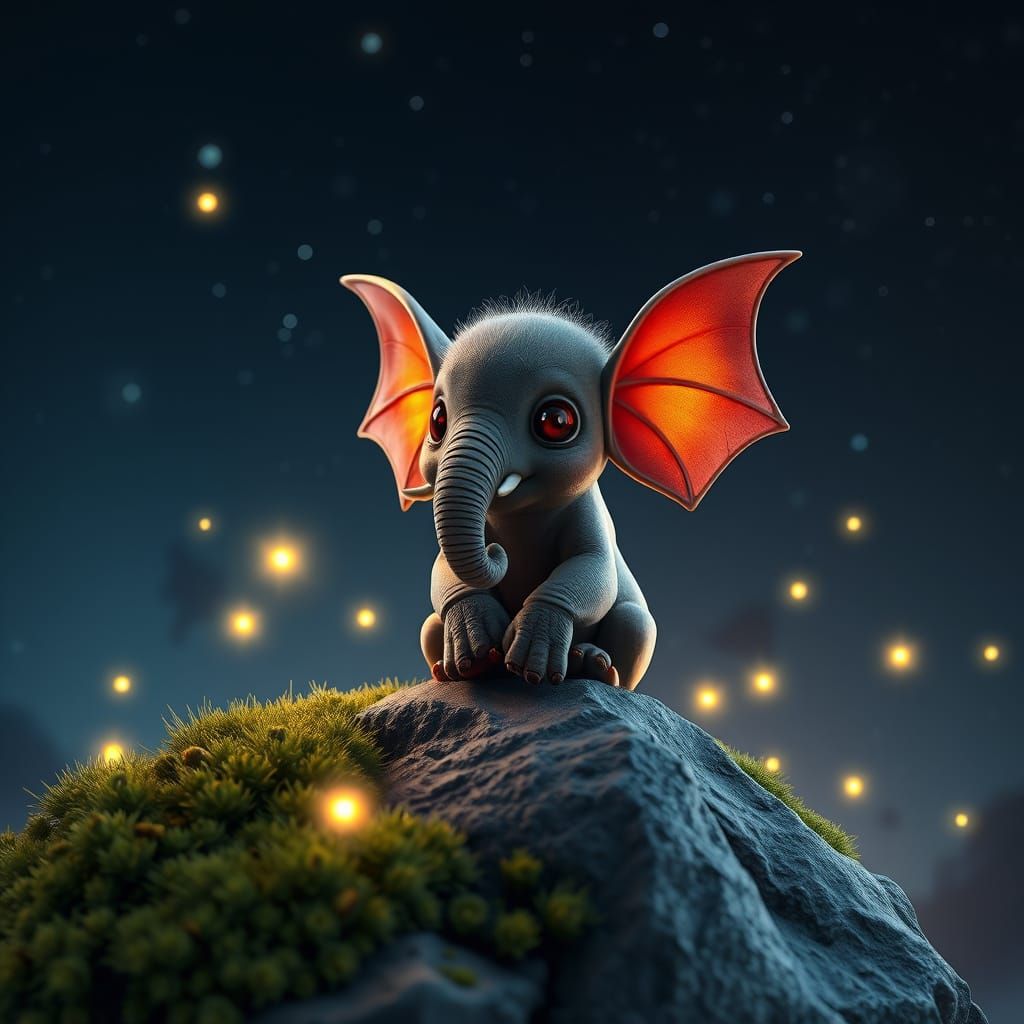 Fantastical Fruit Bat-Elephant Hybrid Under Starry Night Sky