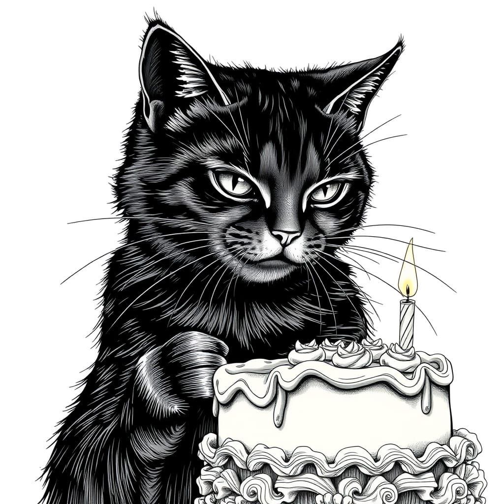 Elegant Cat Savoring Vintage Birthday Cake in Intricate Line...