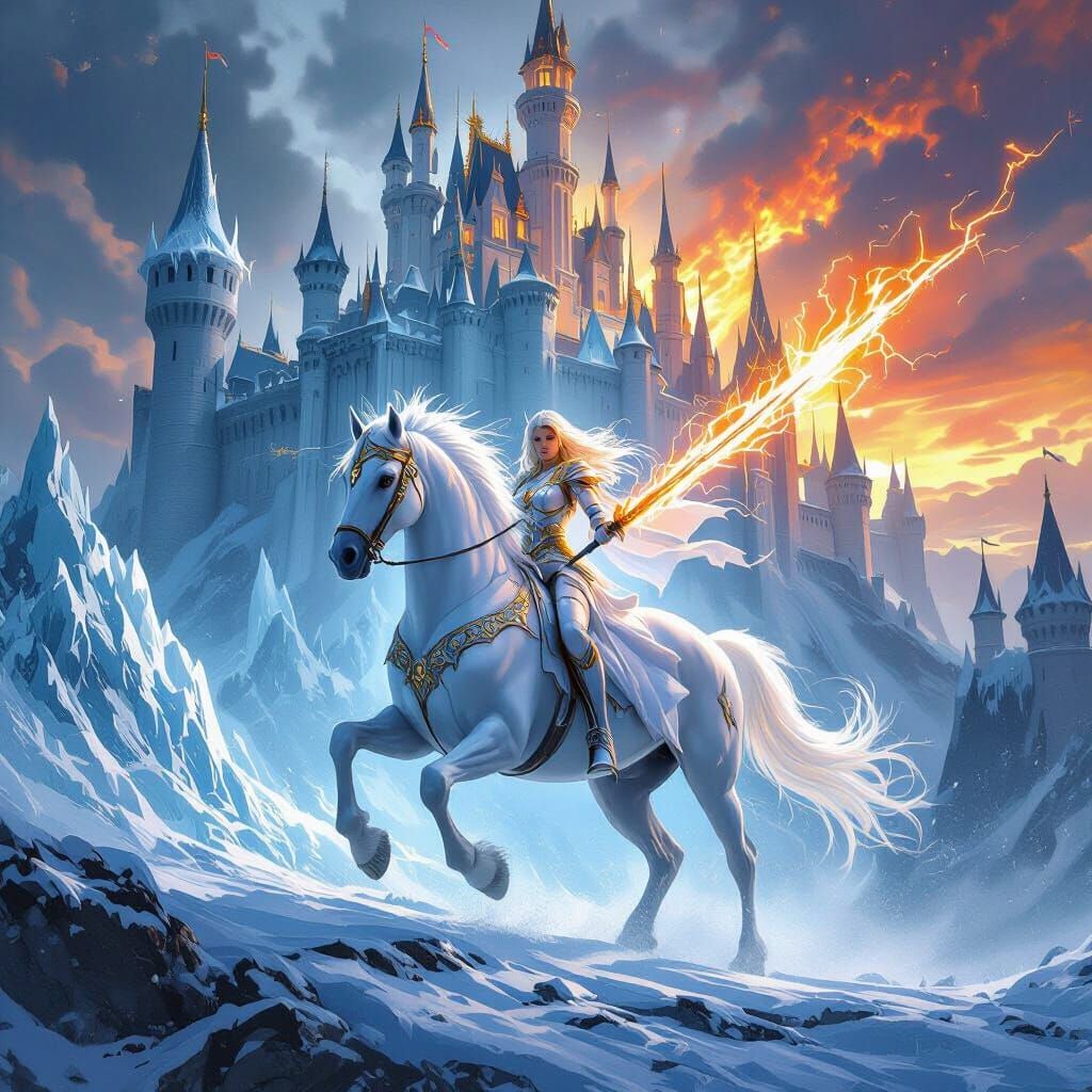 Goddess of Ice & Fire with Electric Sword Before Castle
