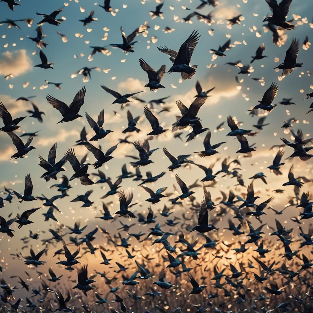 Surreal Iridescent Bird Flock in Dreamlike Flight
