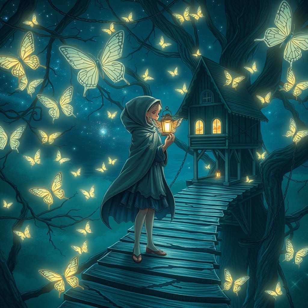 Girl with Butterfly Lantern in Dreamy Forest
