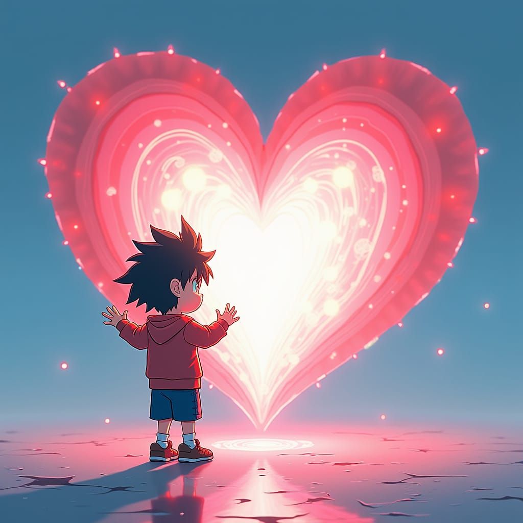 Anime Boy Hit by Glowing Heart, Studio Trigger Style