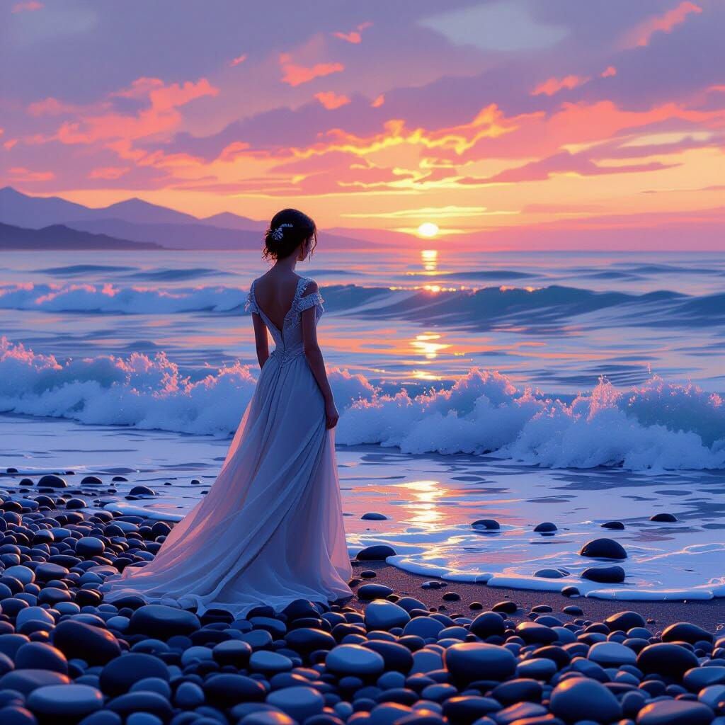 Twilight Beach Scene with Girl, Dreamy Ethereal Style