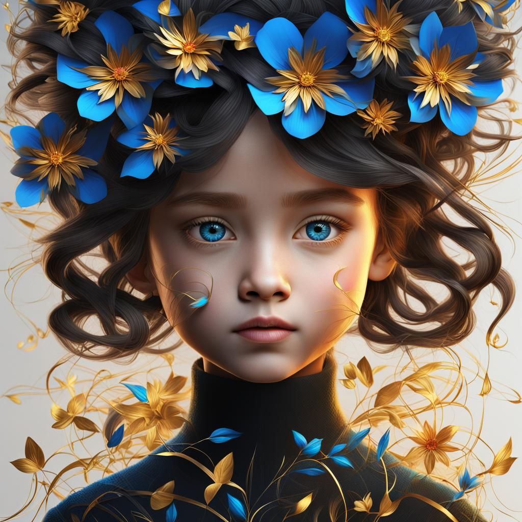 Elegant Girl Portrait with Flowers and Golden Lines