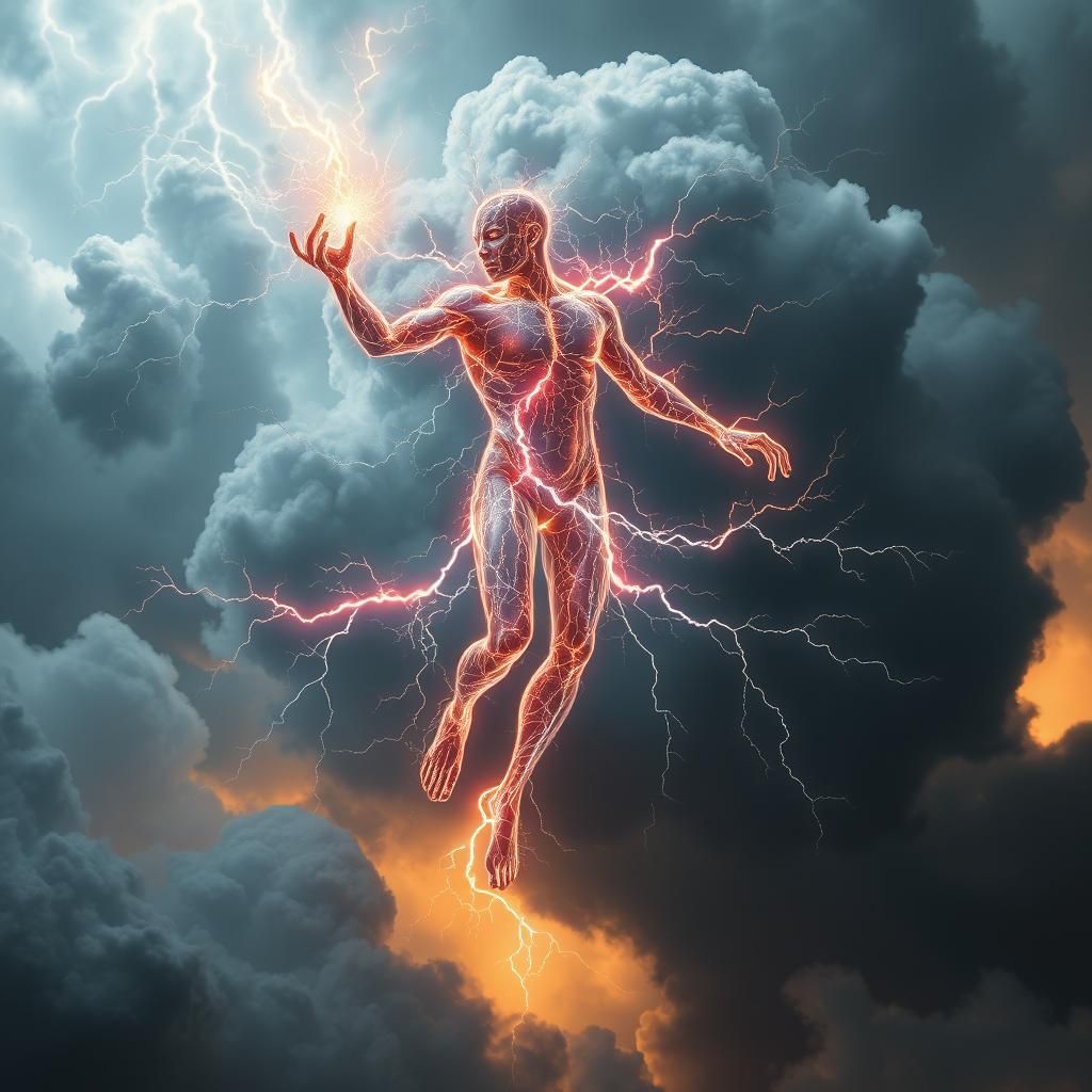 Electrifying Figure Soaring Through Storm Clouds
