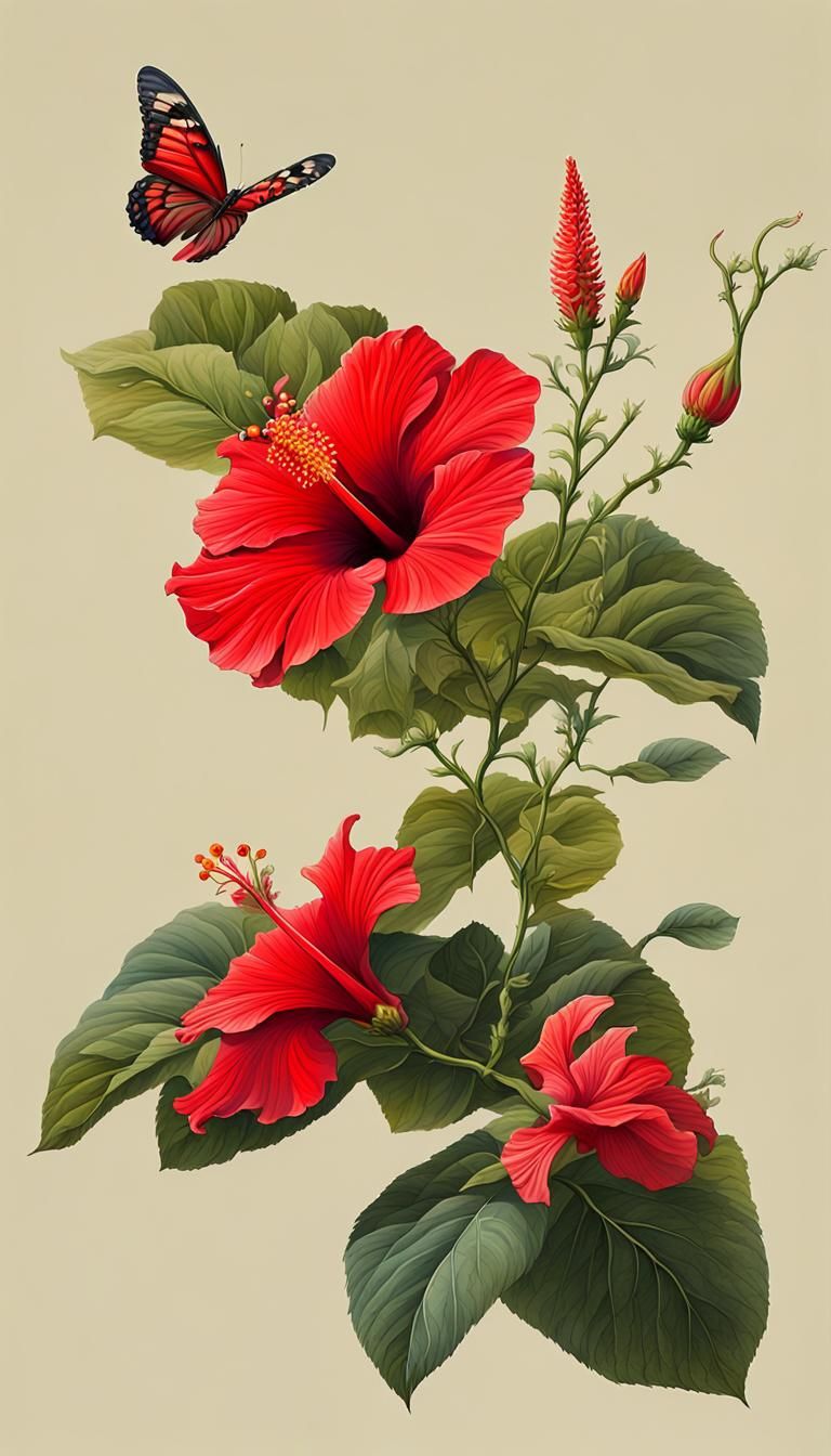 Red Hibiscus and Butterfly, Detailed Fantasy Art