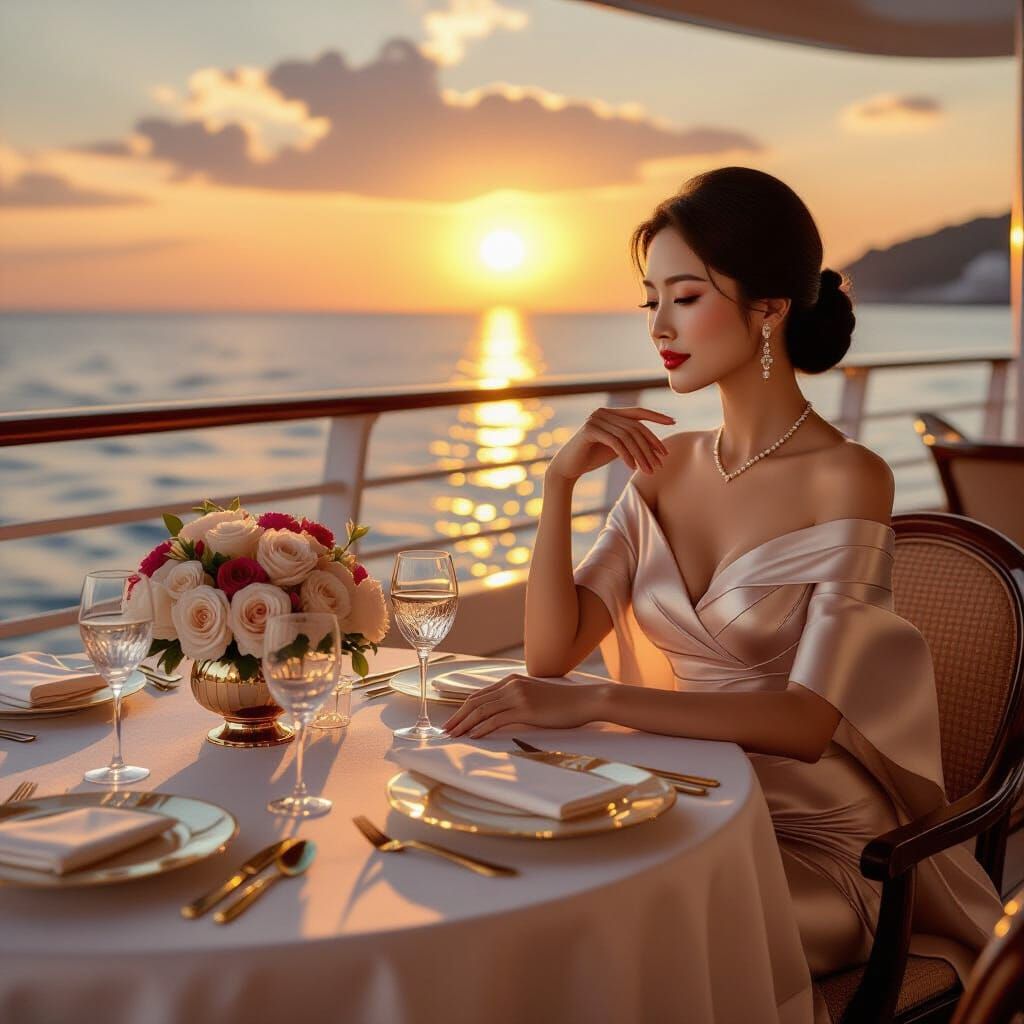 Elegant Korean Woman on Luxury Cruise Ship at Sunset