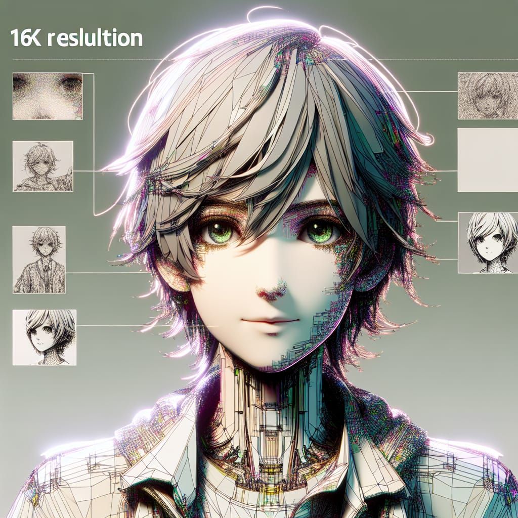 16k resolution, young androgynous anime character head and s...