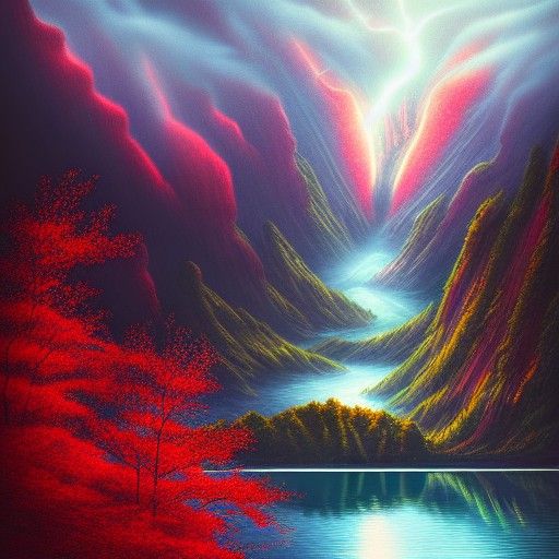 Red Tree Lit by Storms: Fantasy Concept Art