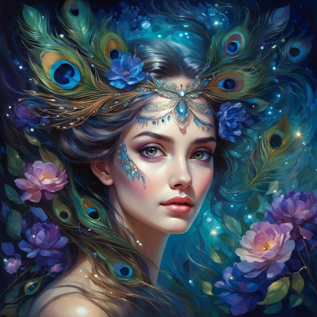 Woman with Peacock Feathers Night Portrait