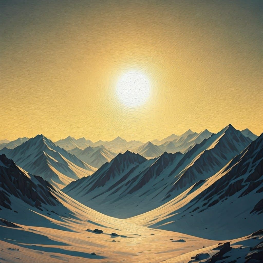 Snow-Capped Mountains Under Golden Sky, Oil Painting Style