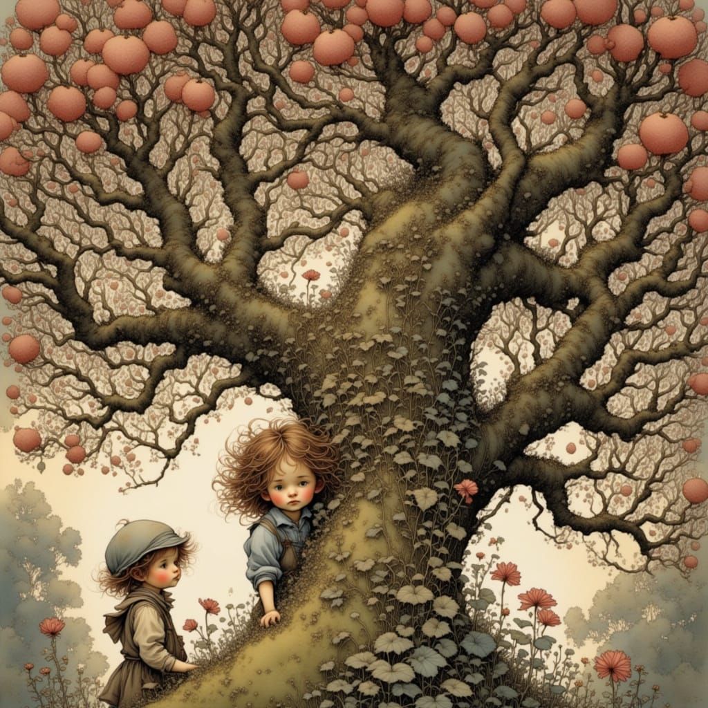 Whimsical Siblings Hide in a Vibrant Blossoming Apple Tree S...