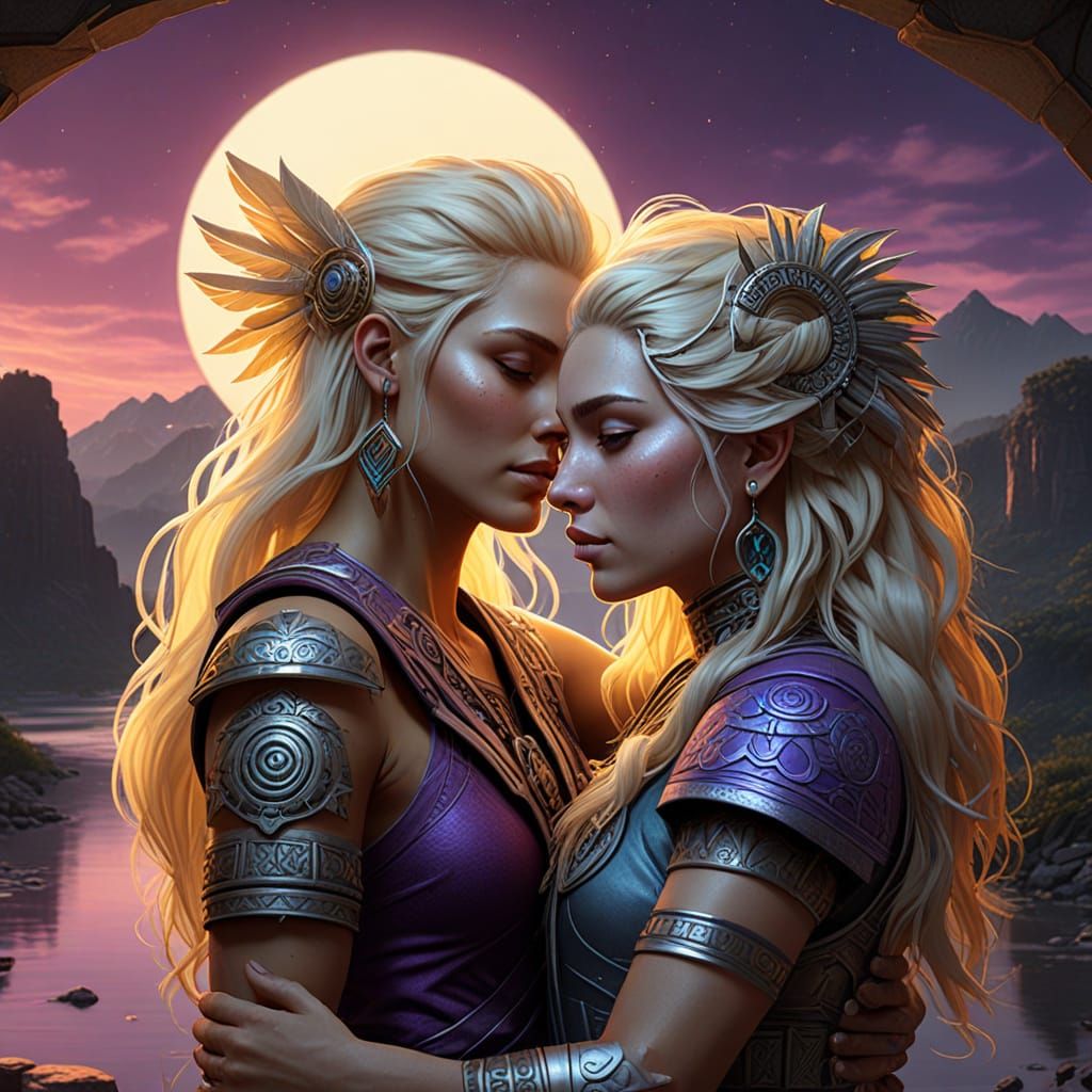 Moon Goddess and Sun God Embrace in Dark Fantasy Art