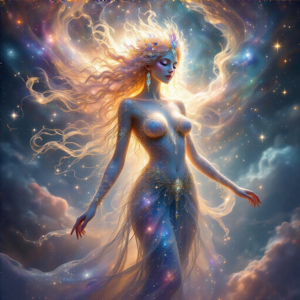 Cosmic Goddess Emanates from Swirling Nebula in Ethereal, Pe...