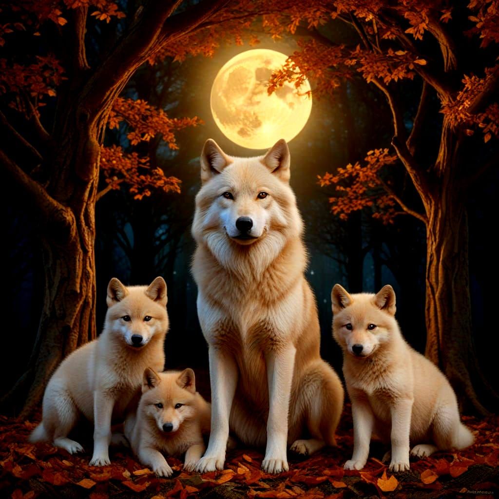 Mother Wolf and Pups at Mystical Autumn Tree