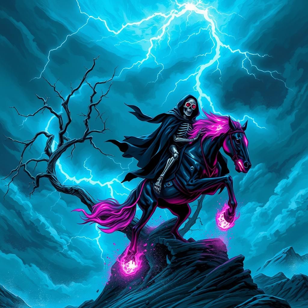 Skeletal Rider on Flaming Horse in Synthwave Storm