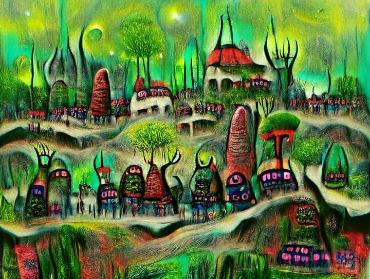 Alien Village in Otherworld Forest Naive Art