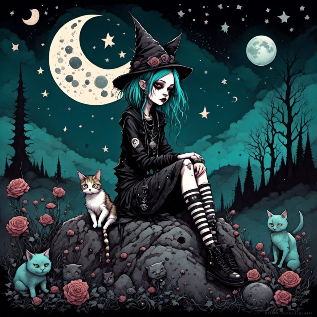 Sad Kawaii Anime Girl with Cat Gazing at Moon