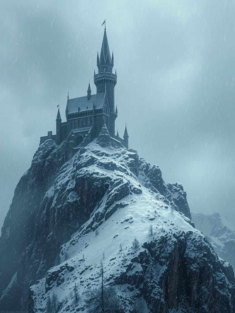 Foreboding Mountain Castle Appears in Snowstorm