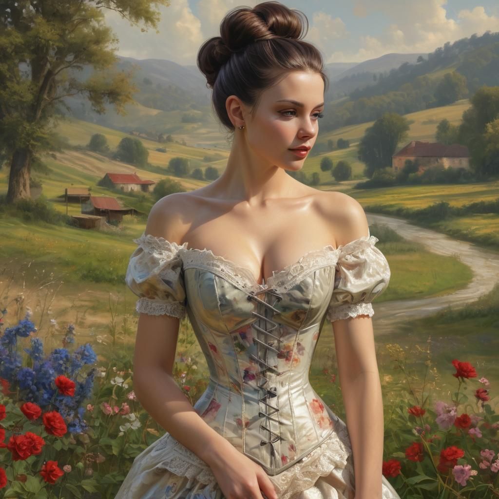Lady in Corset Dress with Buns, Oil Painting Texture