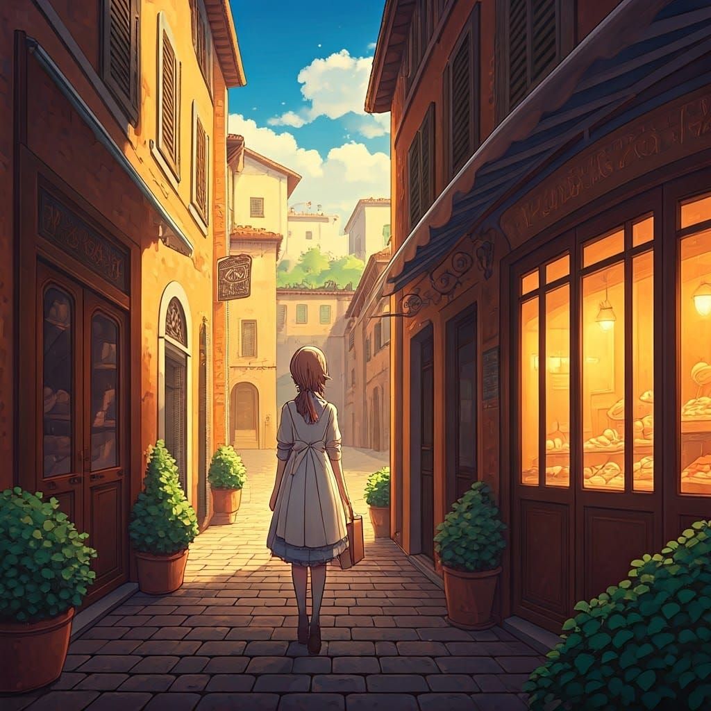 Anime Maiden in Italian Bakery at Dawn