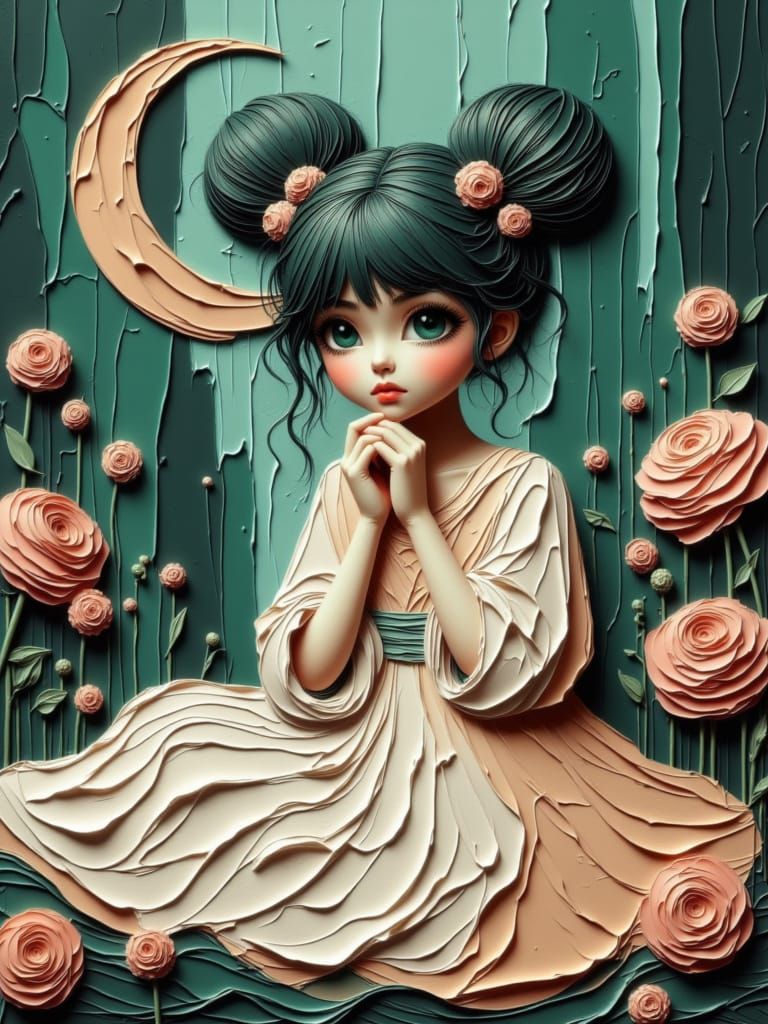 Serene Moonchild in Lunar Garden, Dreamy Art Style